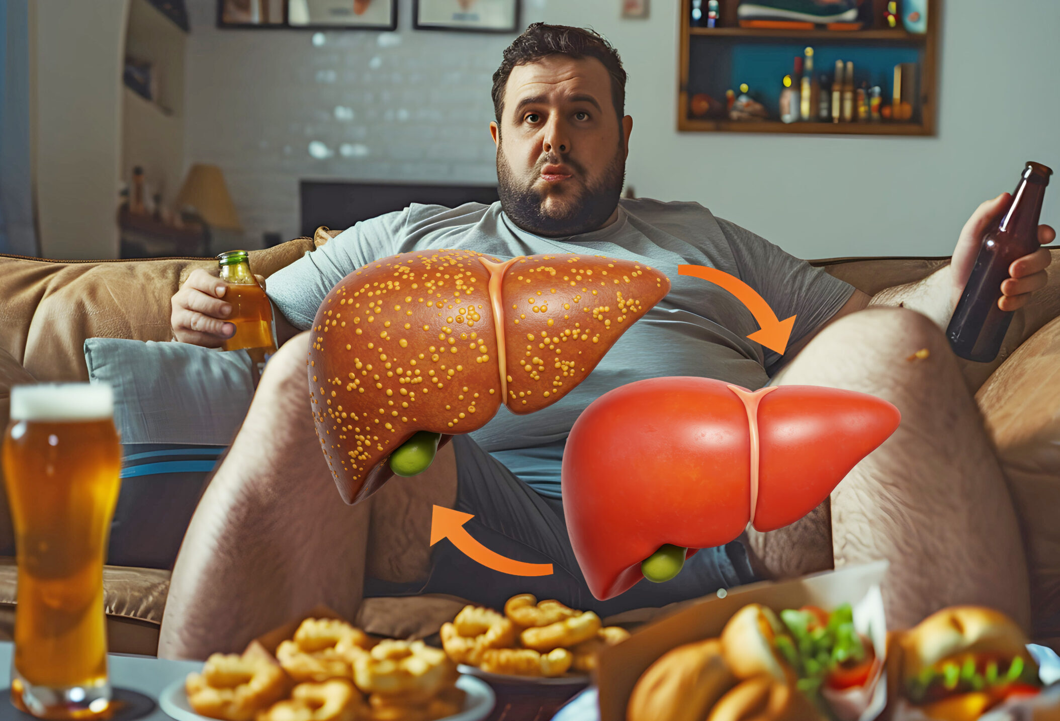 Overweight man sitting on couch Overeating Junk Food and Drinkin