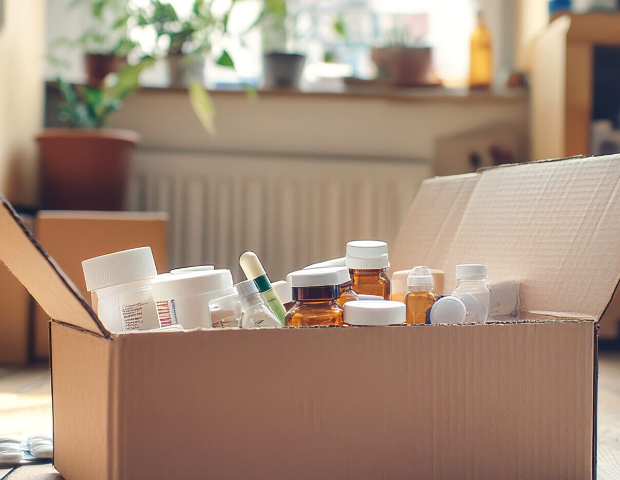Organically arranged cardboard box filled with medical supplies and pills on a rustic wooden floor in a cozy home interior