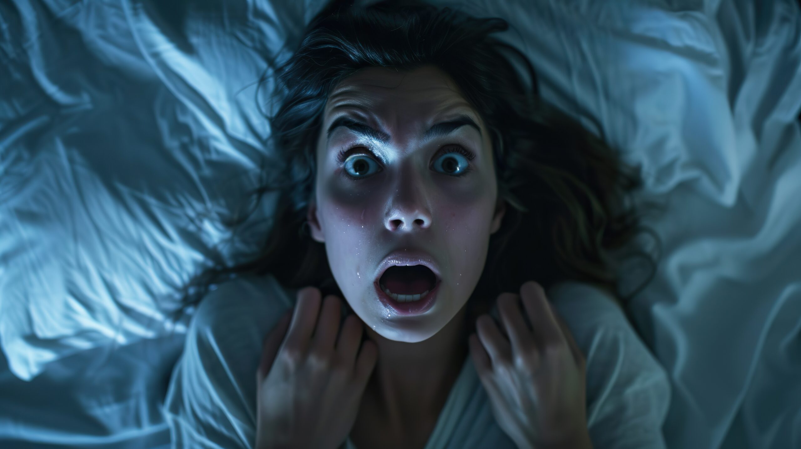 Woman awake from nightmare dream