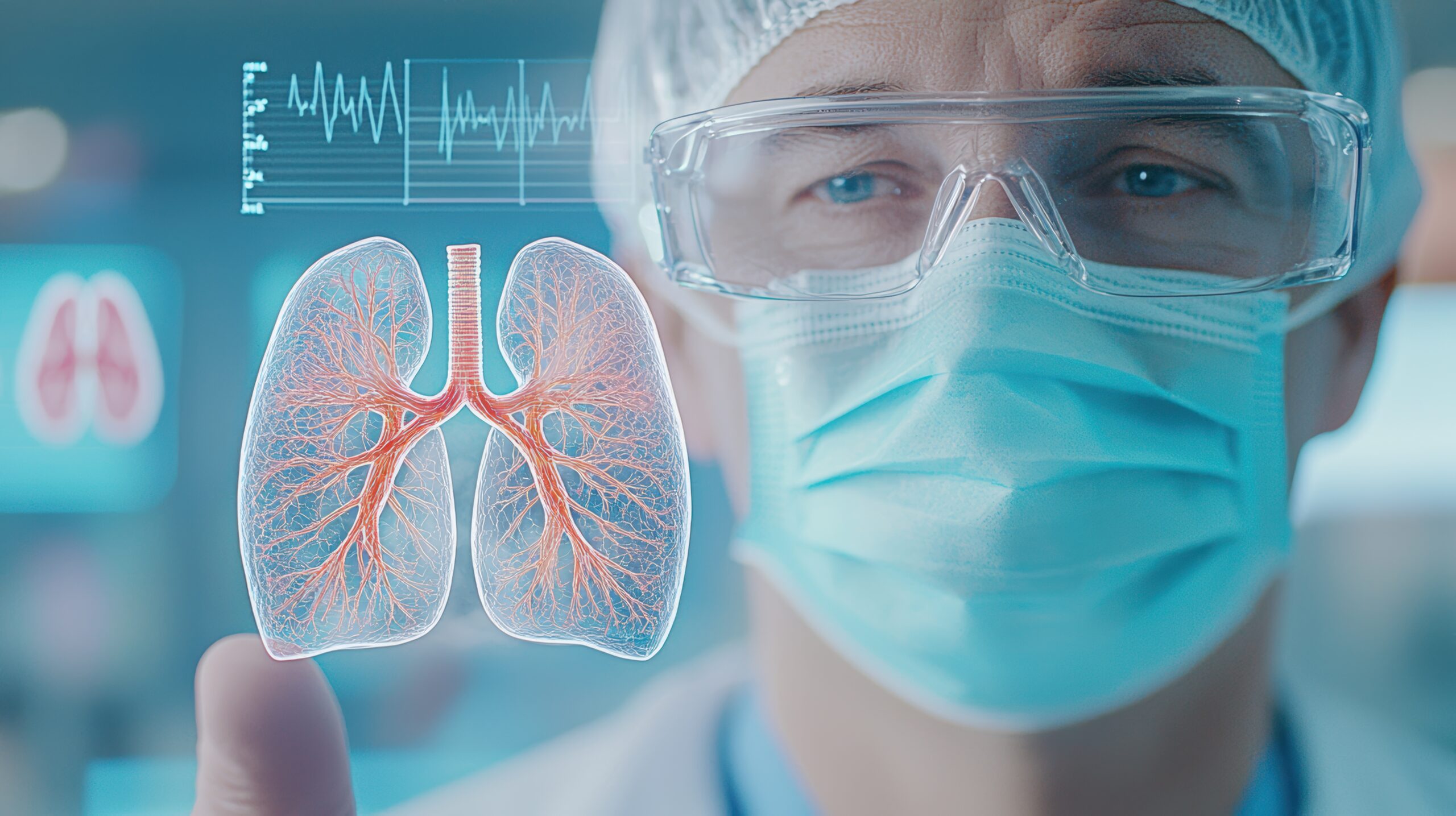 Doctor in surgical mask presenting lung model hospital medical illustration clinical environment close-up health awareness