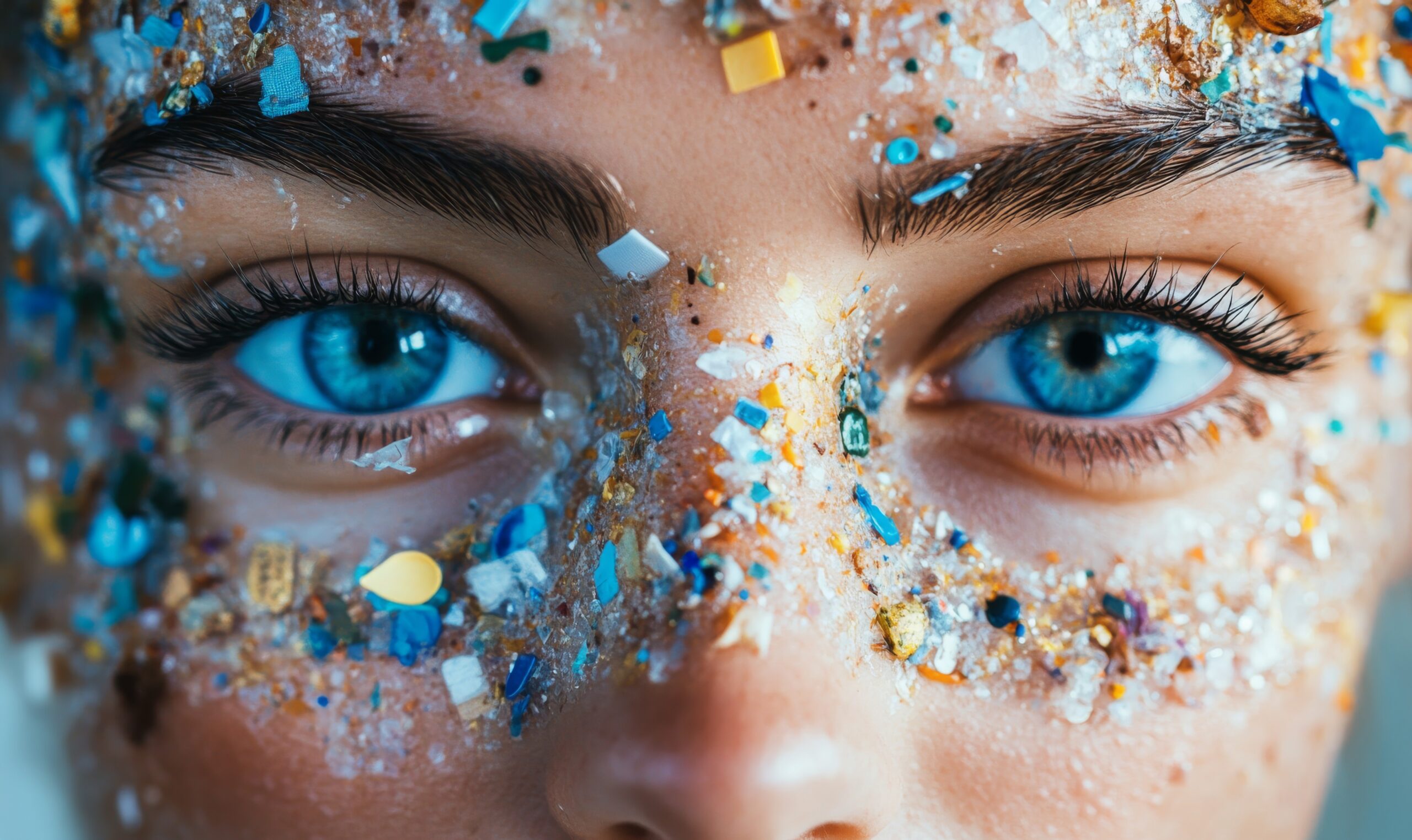 Close-up of a woman’s face covered in colorful microplastics and debris. Conceptual representation of environmental pollution and the impact of plastic waste