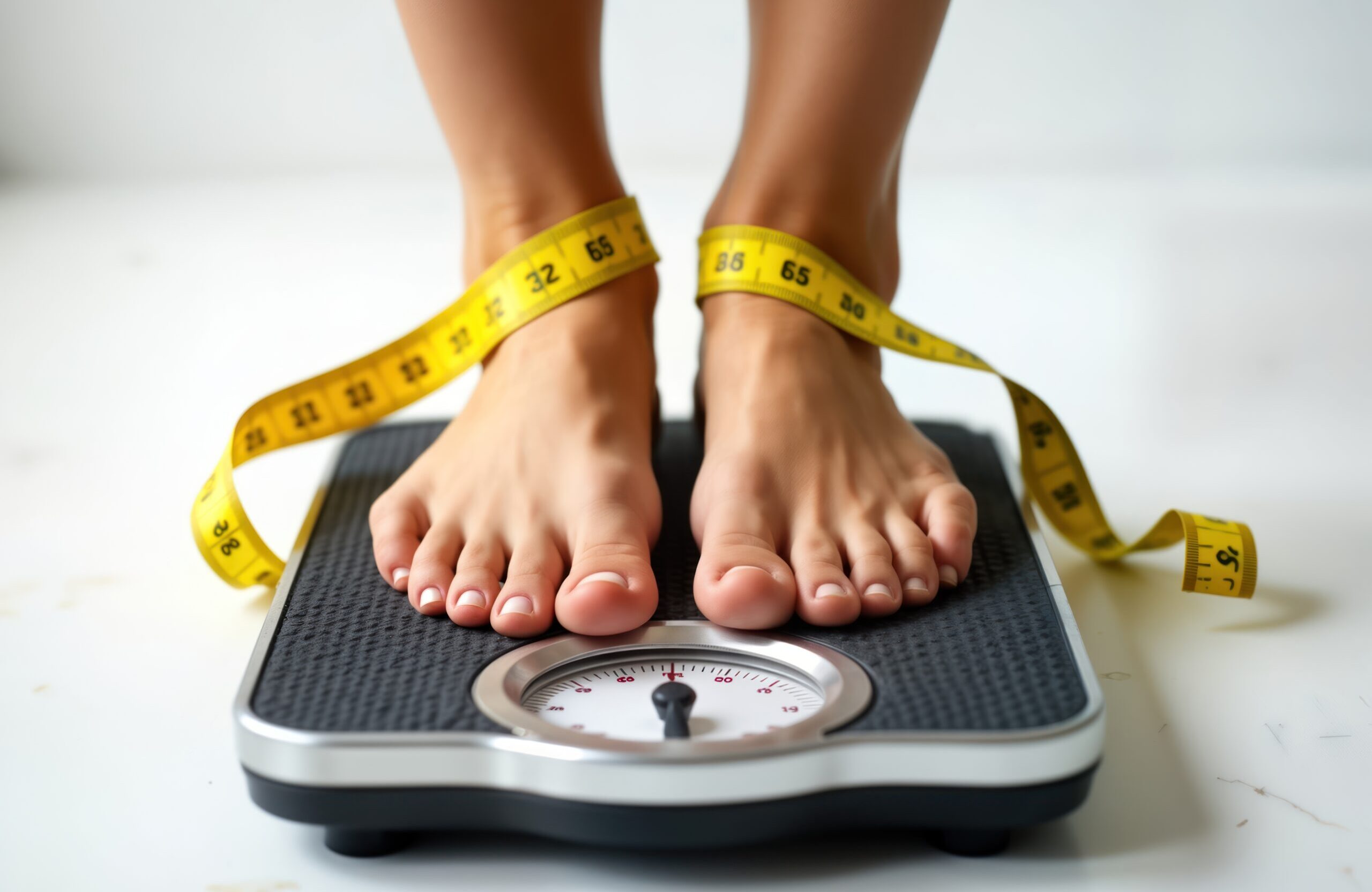 Woman stands barefoot on weighing scales. Yellow measuring tape wrapped around ankles. Health, fitness concept related to body weight measurement. Focus on body image, dieting. Modern photo for