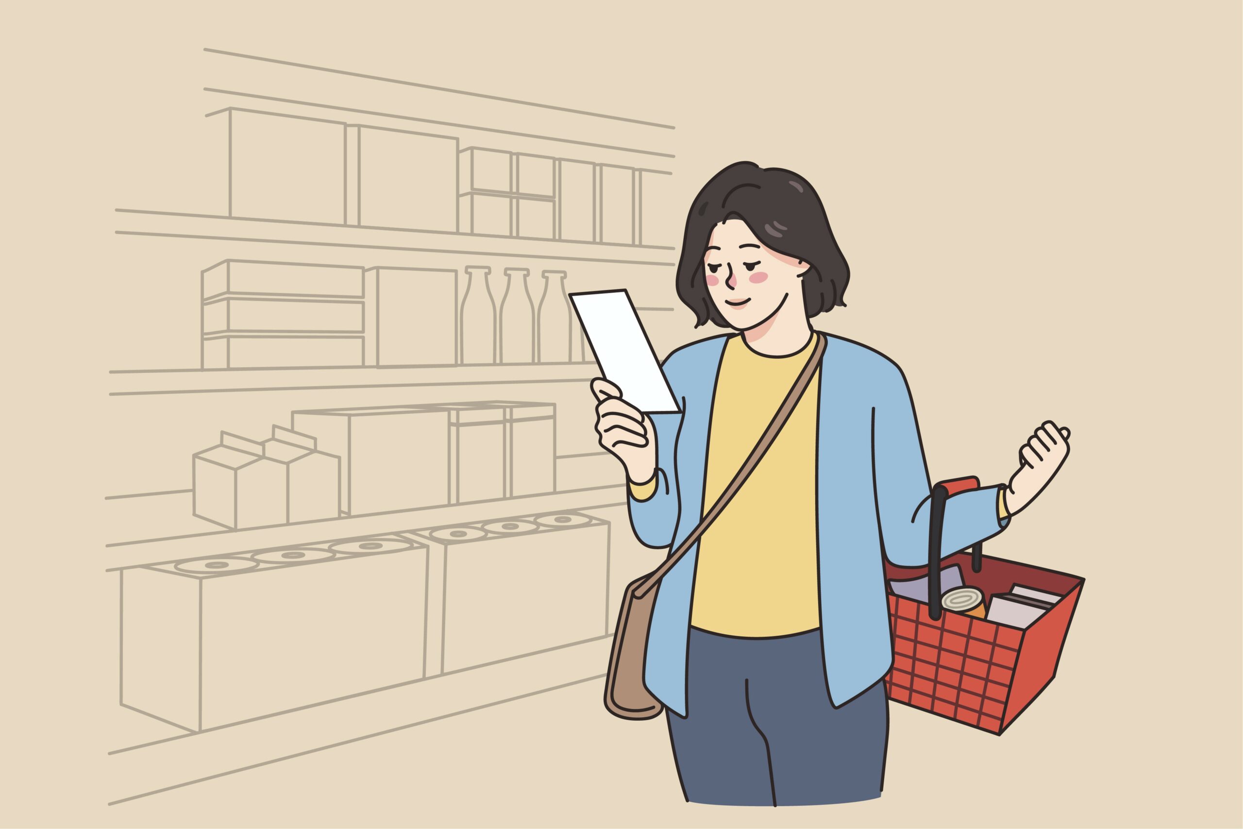 Woman client with shopping list hold basket buy products in supermarket. Smiling female customer purchase groceries in store according to planned listing. Retail and commerce. illustration