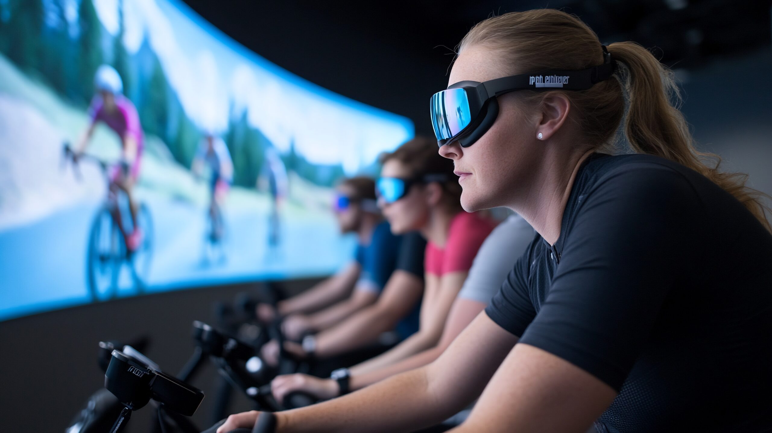 Cyclists in VR cycling studio, immersive training