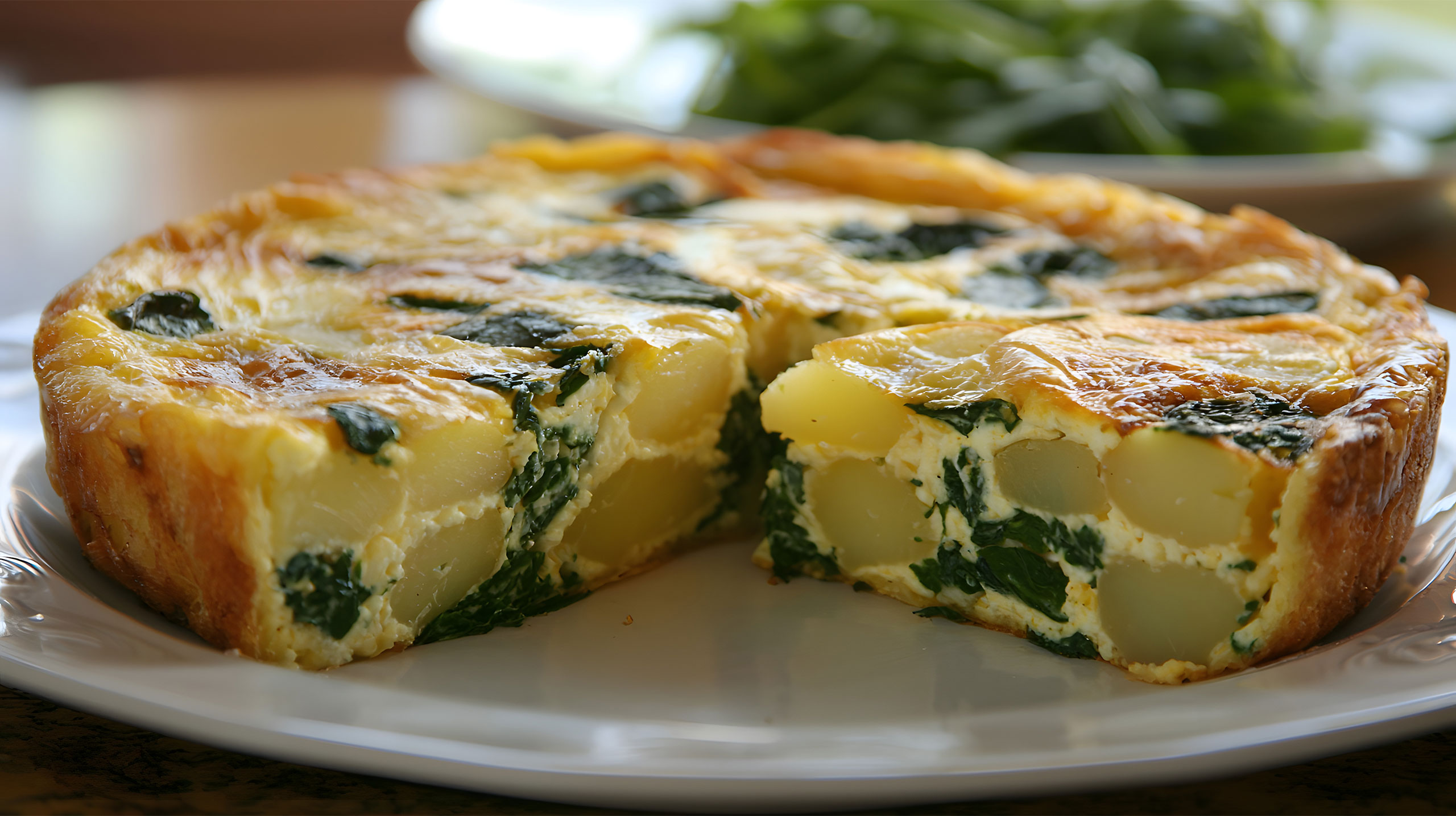 Delicious Thick Italian Style Frittata with Spinach and Potatoes Presented on a White Plate