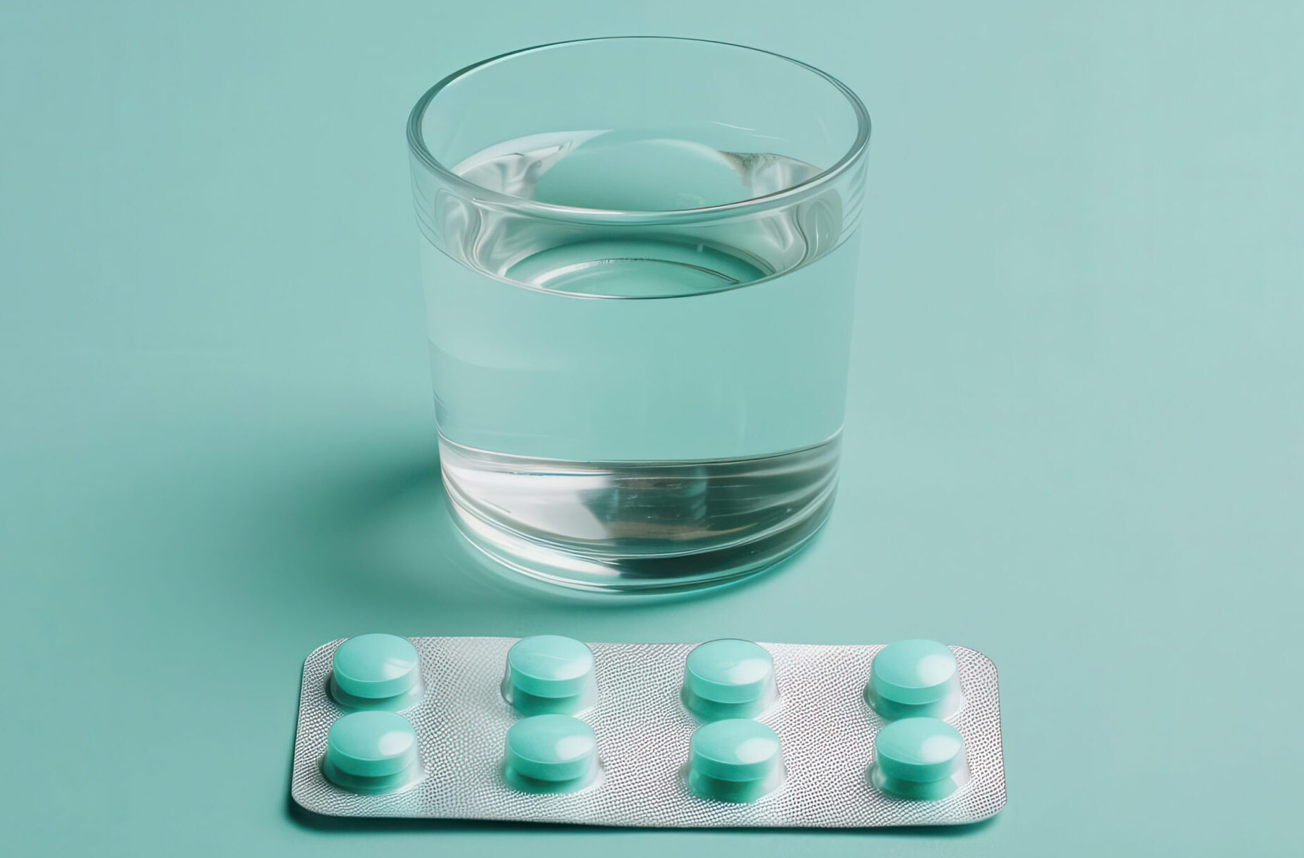 A glass of water with pills on a turquoise background.