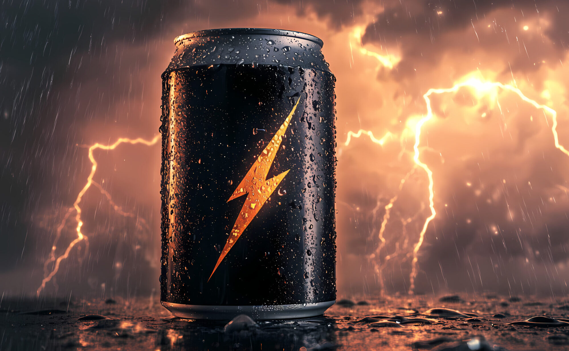 Storm Surge: An energy drink can rests amidst a dramatic storm with lightning streaking across the sky, symbolizing a burst of energy and power.