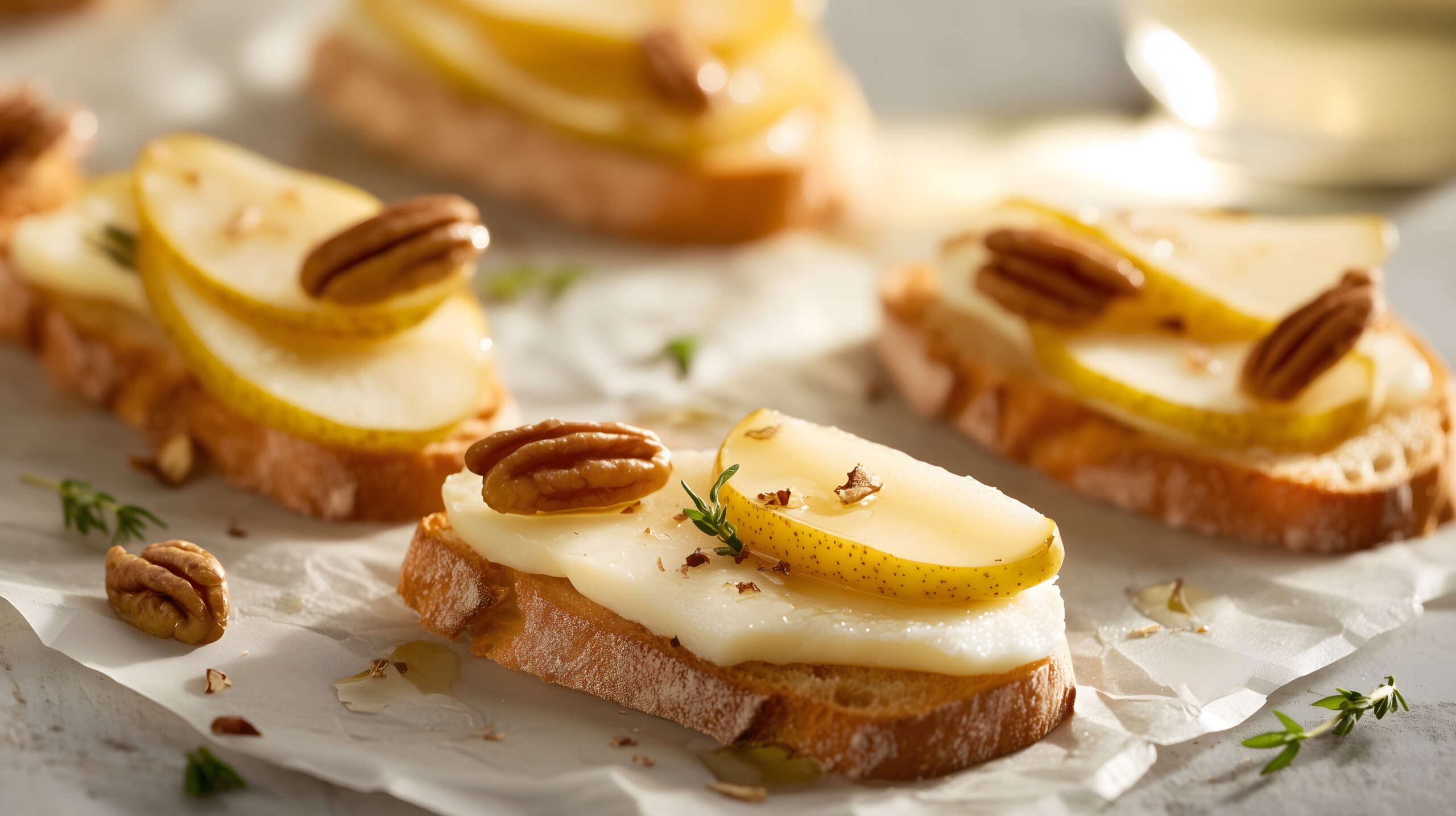 geometric canapés, pear slices, creamy