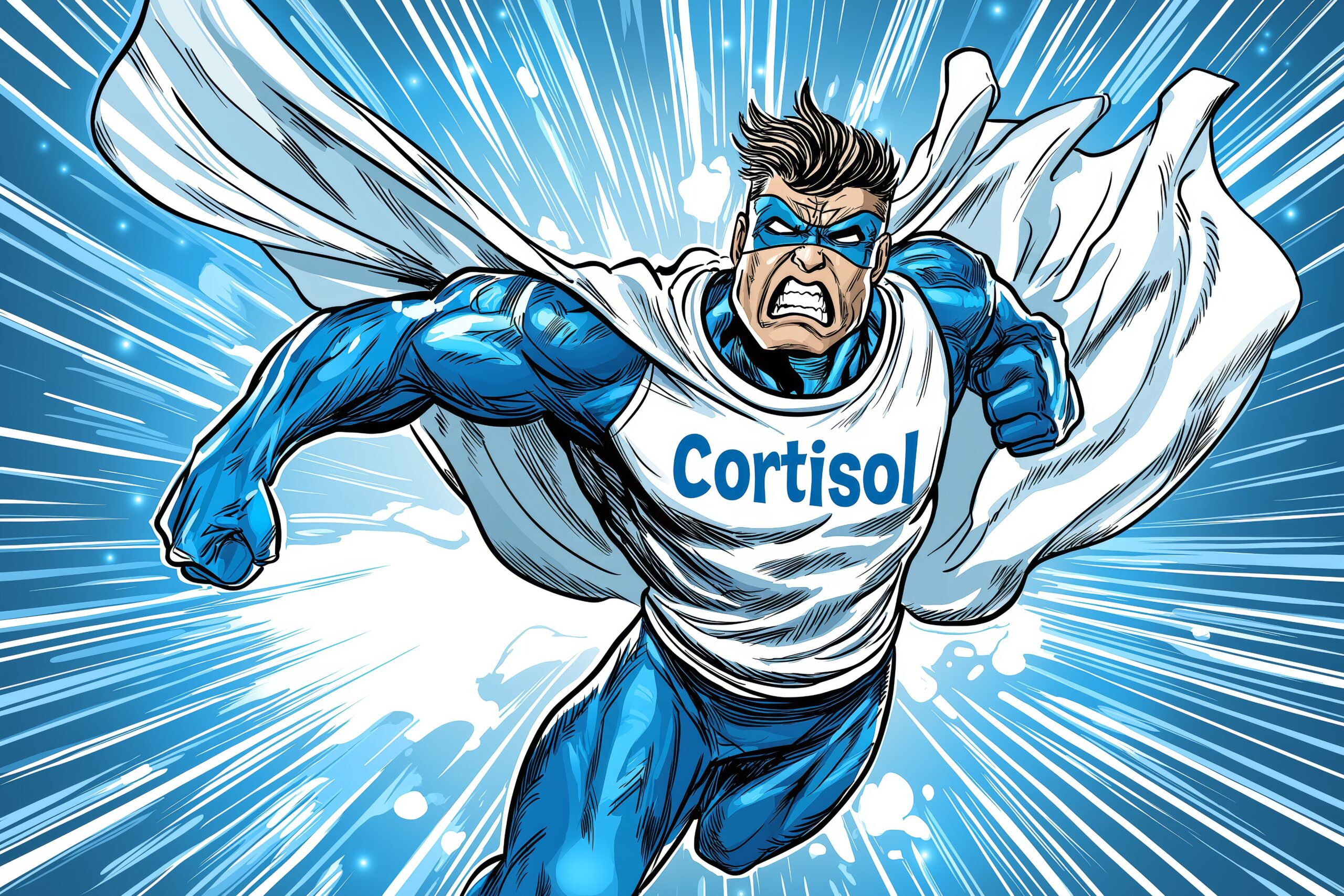 nergetic comic superhero “Cortisol” running with explosive motion and action lines, ideal for health education, stress science or hormone explanation visuals, Generative AI