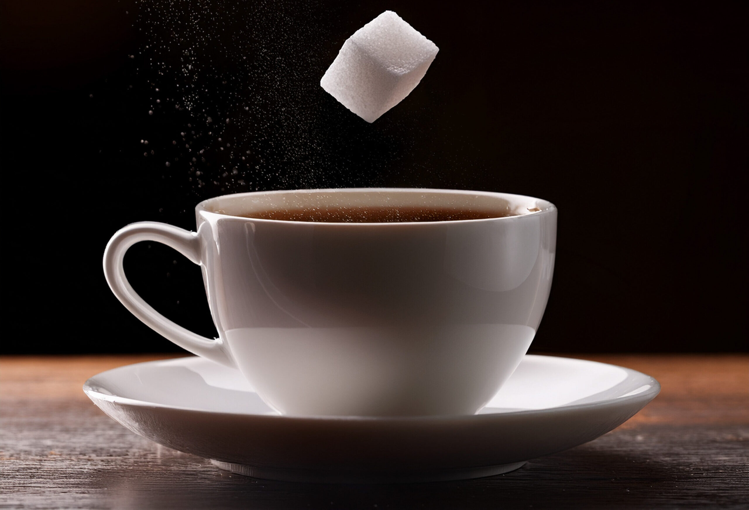 cup of coffee and sugar on black background