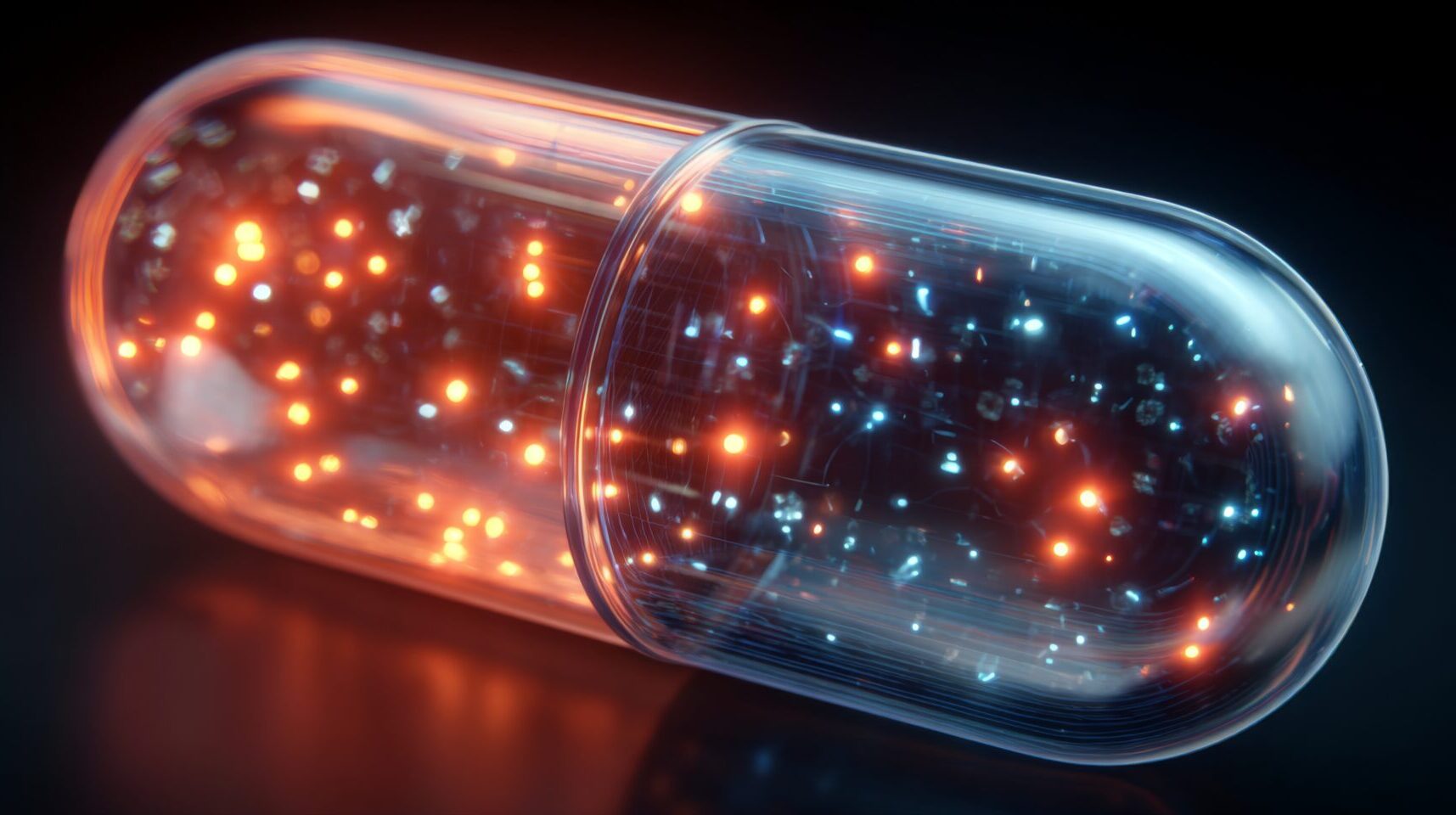 Futuristic Glowing Capsule with Holographic Elements on Black Background