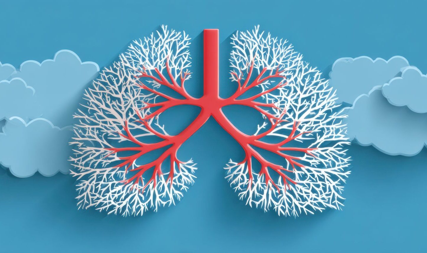 Lungs With Tree Branch Design Illustrated With Light Blue Clouds on a Pastel Blue Background