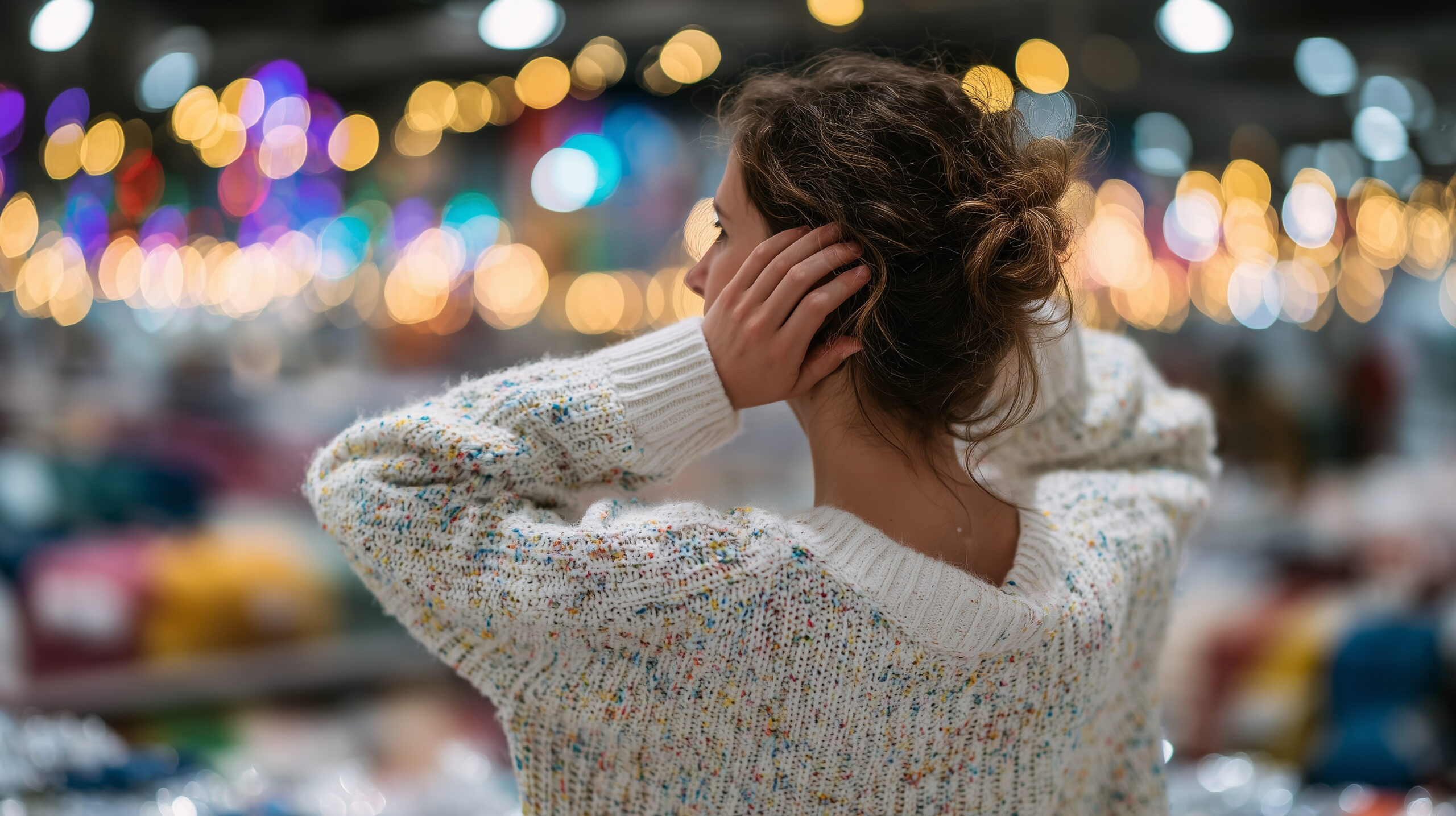 Woman in store covering ears with hands, slightly hunched posture, background of blurred shelves with colorful items, aisle lights creating warm reflections