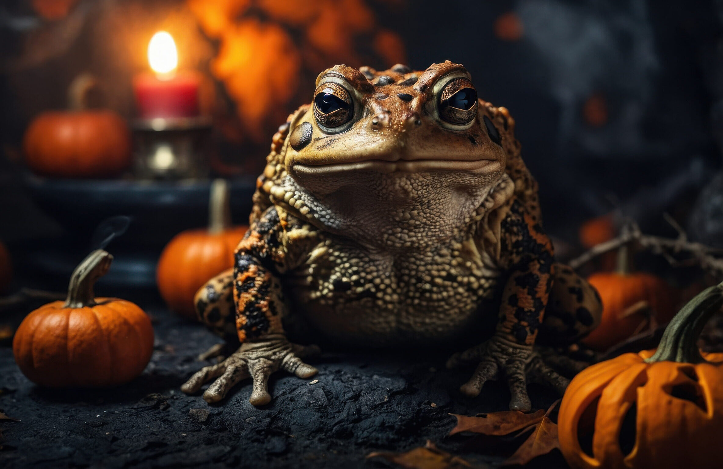 Big green frog toad dark scary background autumn Halloween holiday AI Generative