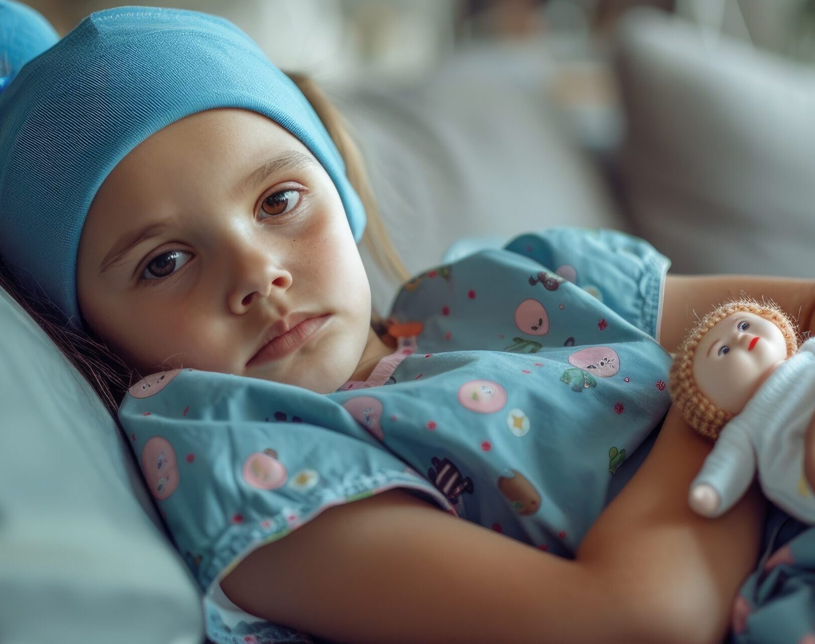 A young patient lies on the couch in a hospital gown holding her doll close She wears a blue hat covering her head Her expression is one of fatigue and illness embodying the essence of child