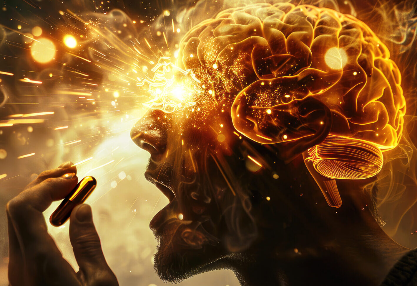 Man taking golden brain enhancing neurological drug pill. Nootropics concept.