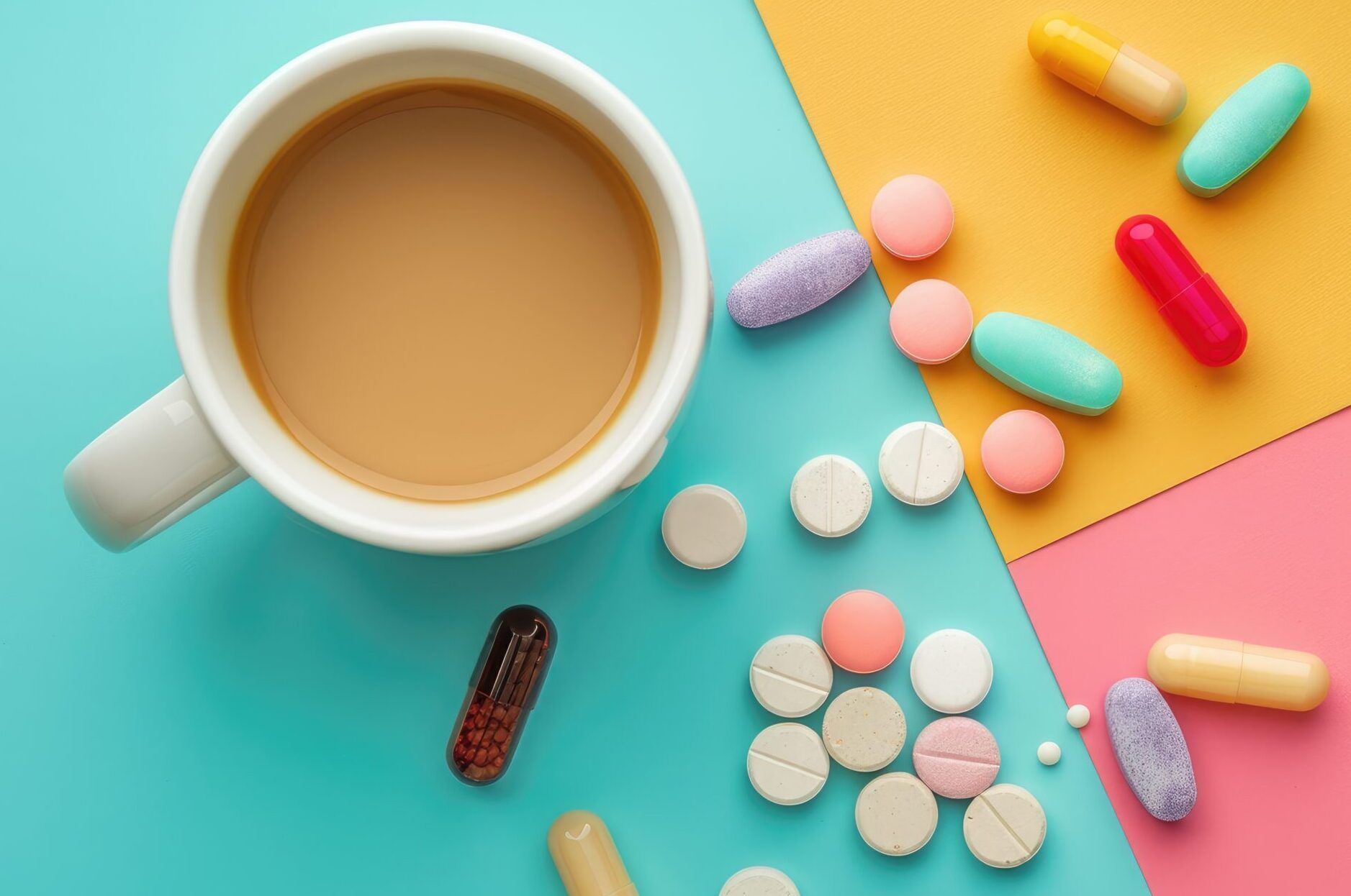Pills and coffee cup on colorful flat lay medical desk