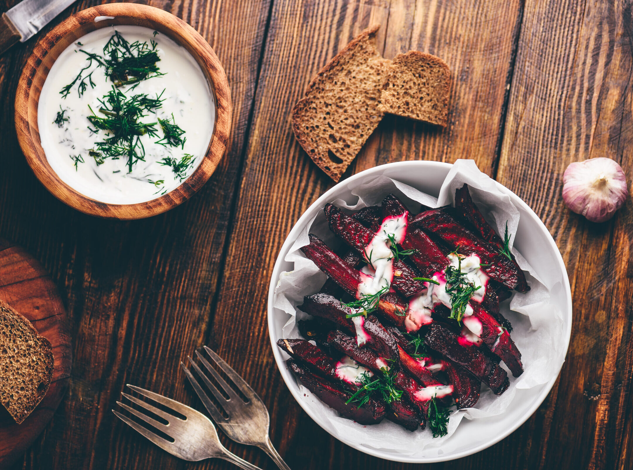 Baked beet fries with greek yogurt and dill