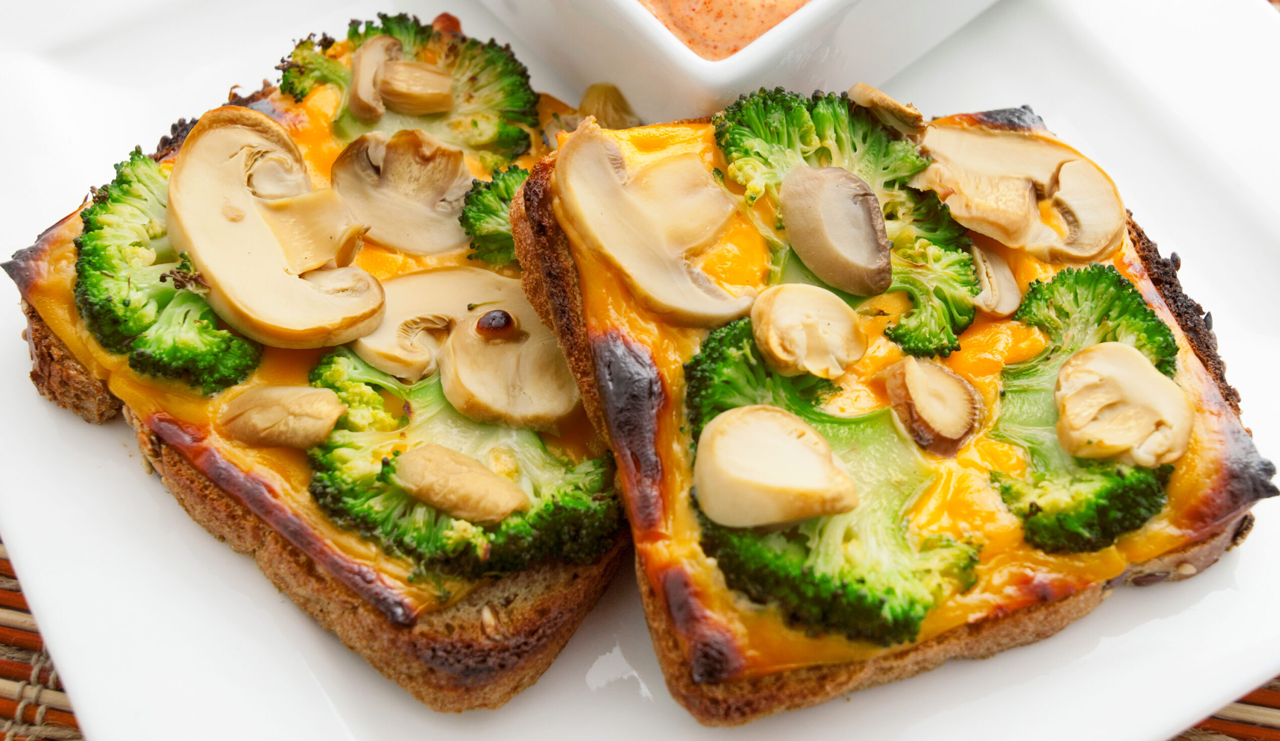 Toasts with broccoli and mushrooms