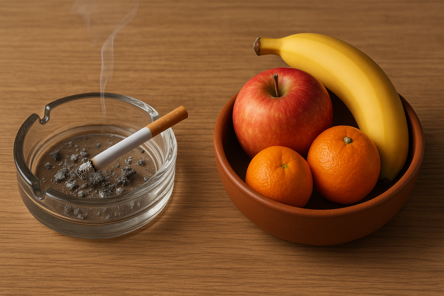 Aschenbecher und Obstschale auf Holz
